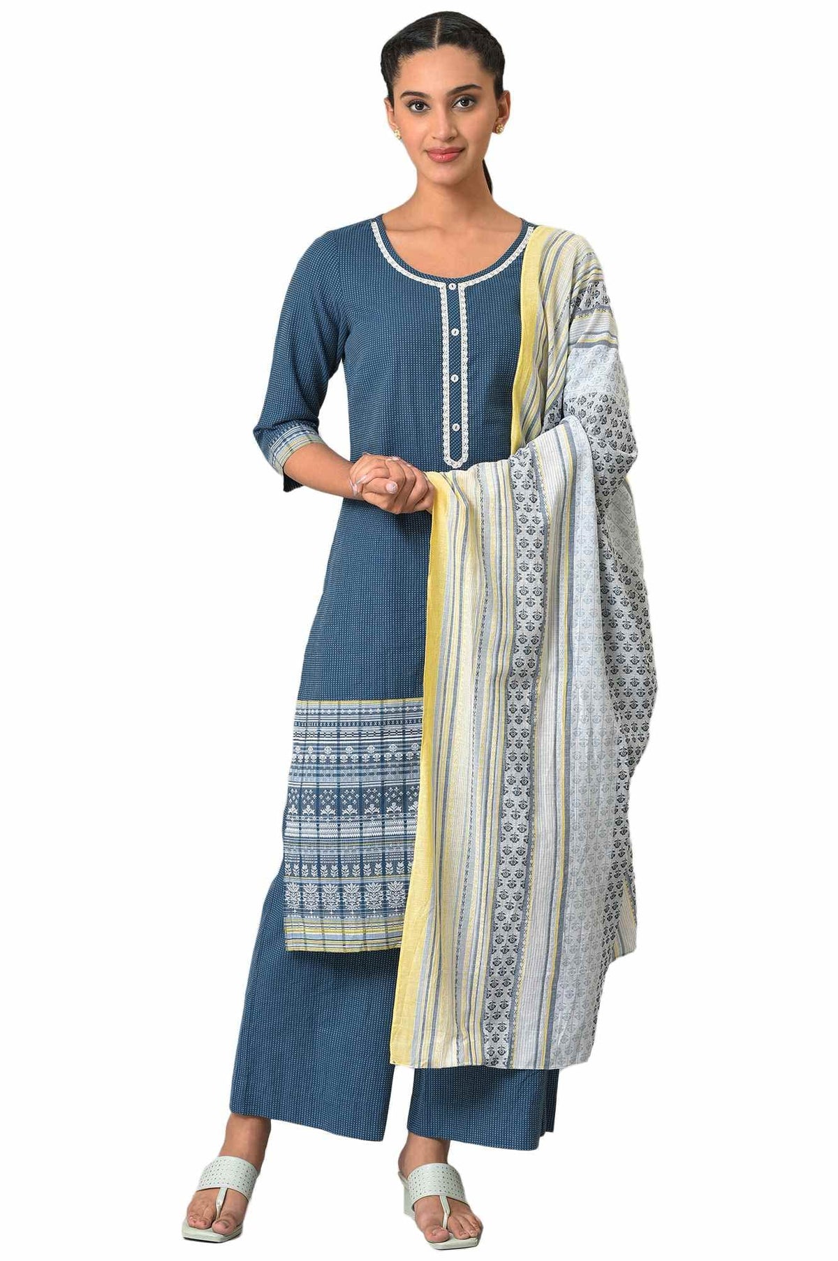 Aurelia Geometric Printed Cotton Navy Kurta Dupatta Bottomwear Set For Women