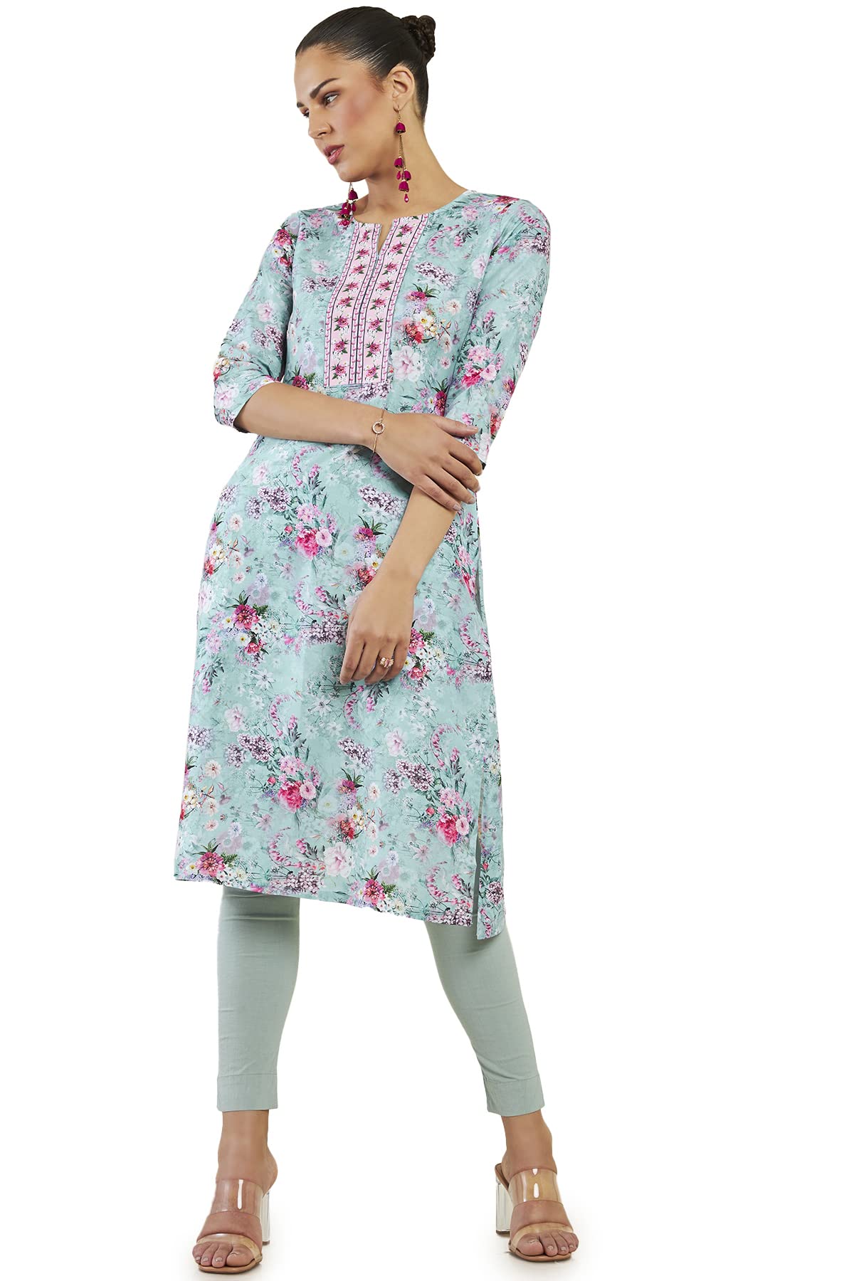 Soch Women Turquoise Blue Cotton Blend Floral Kurta