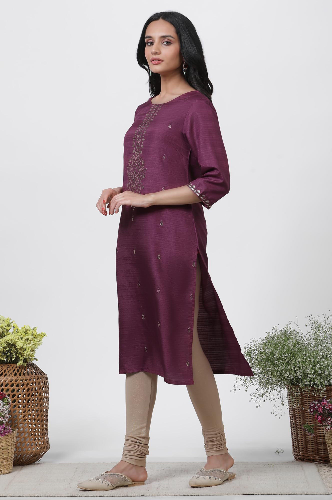 W for Woman Purple Festive Geometric Print Karnatka Silk Straight Kurta Set with Churidar & Dupatta