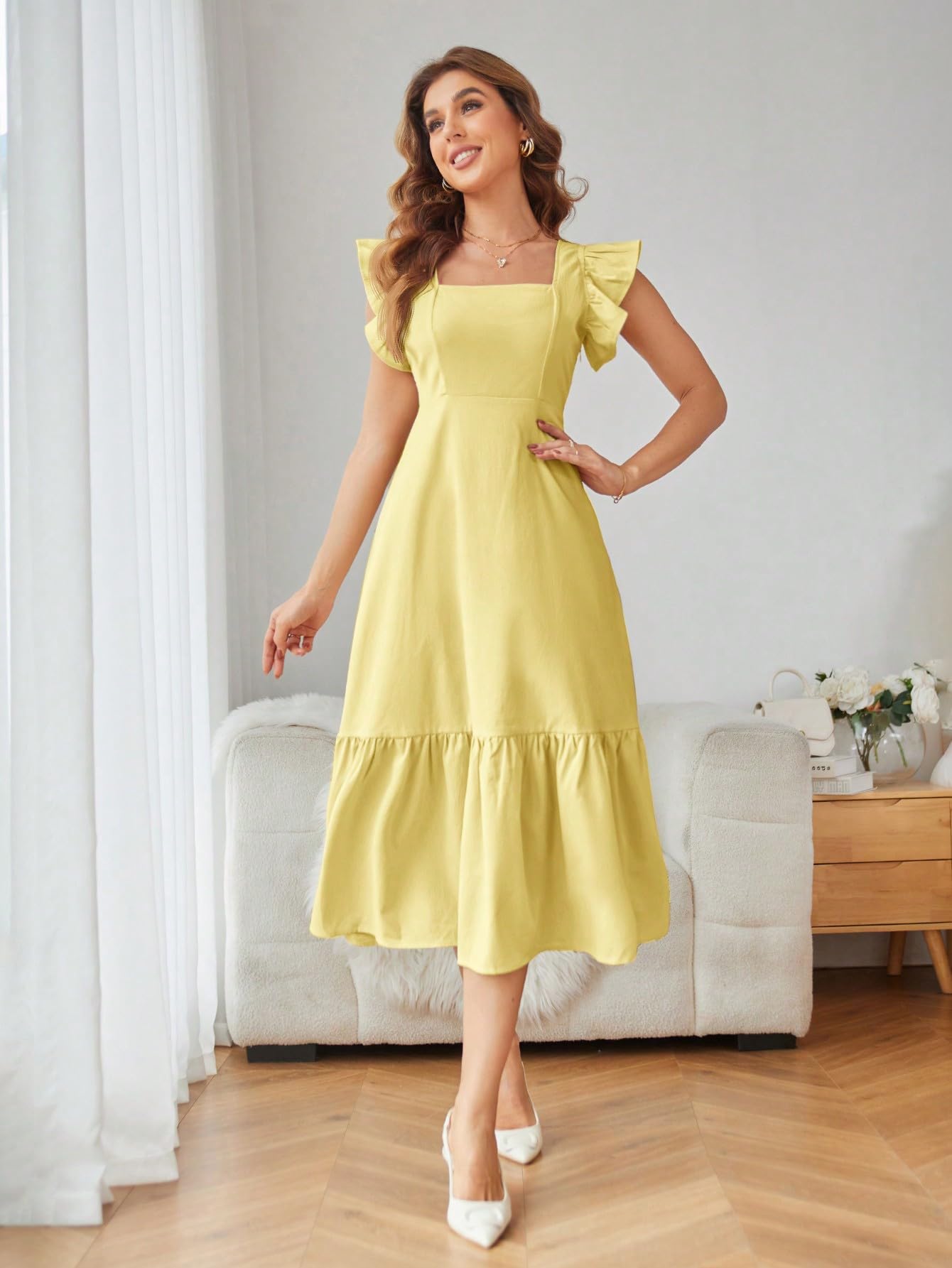 Shasmi GirlS & WomenS Solid Yellow Color Square Neck, Ruffle-Trimmed Hem Sleeveless, Ruffle Armhole And Casual Dress With Cinc