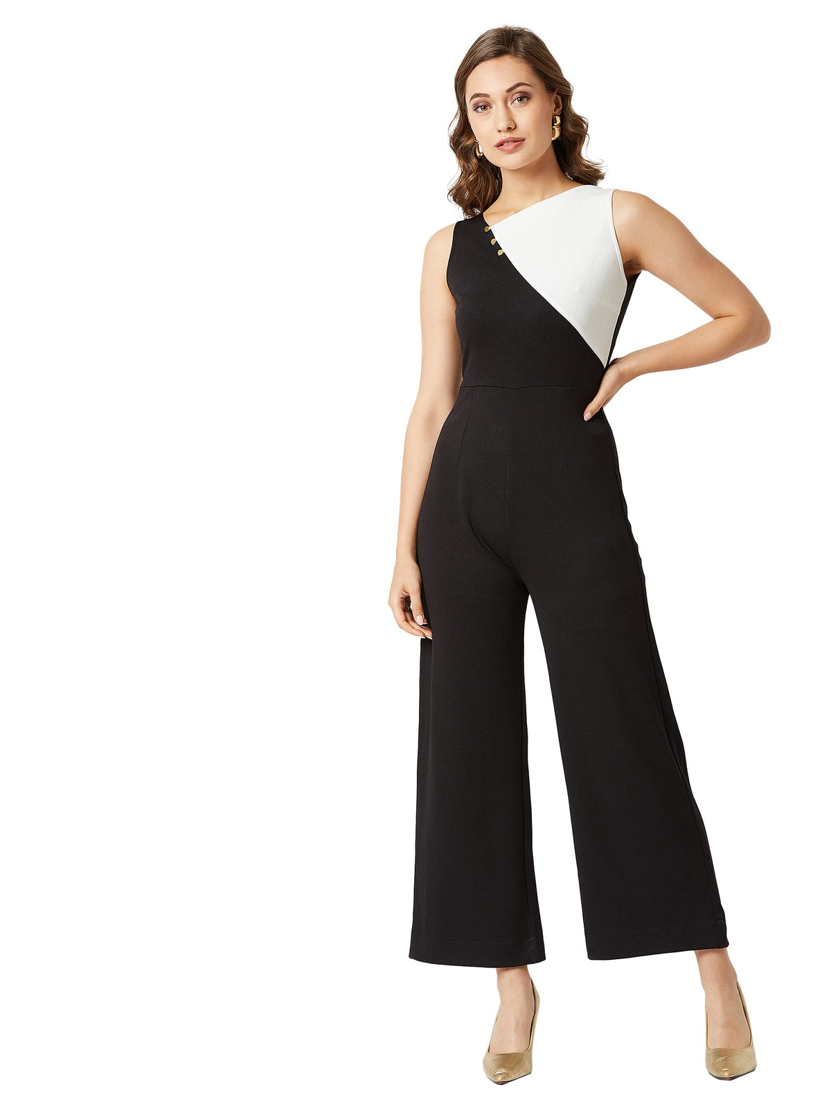 Miss Chase WomenS Off-White & Black Asymmetric Sleeveless Polyknitted Solid Color-Block/Paneled Regular Length Jumpsuit(Mcaw19D
