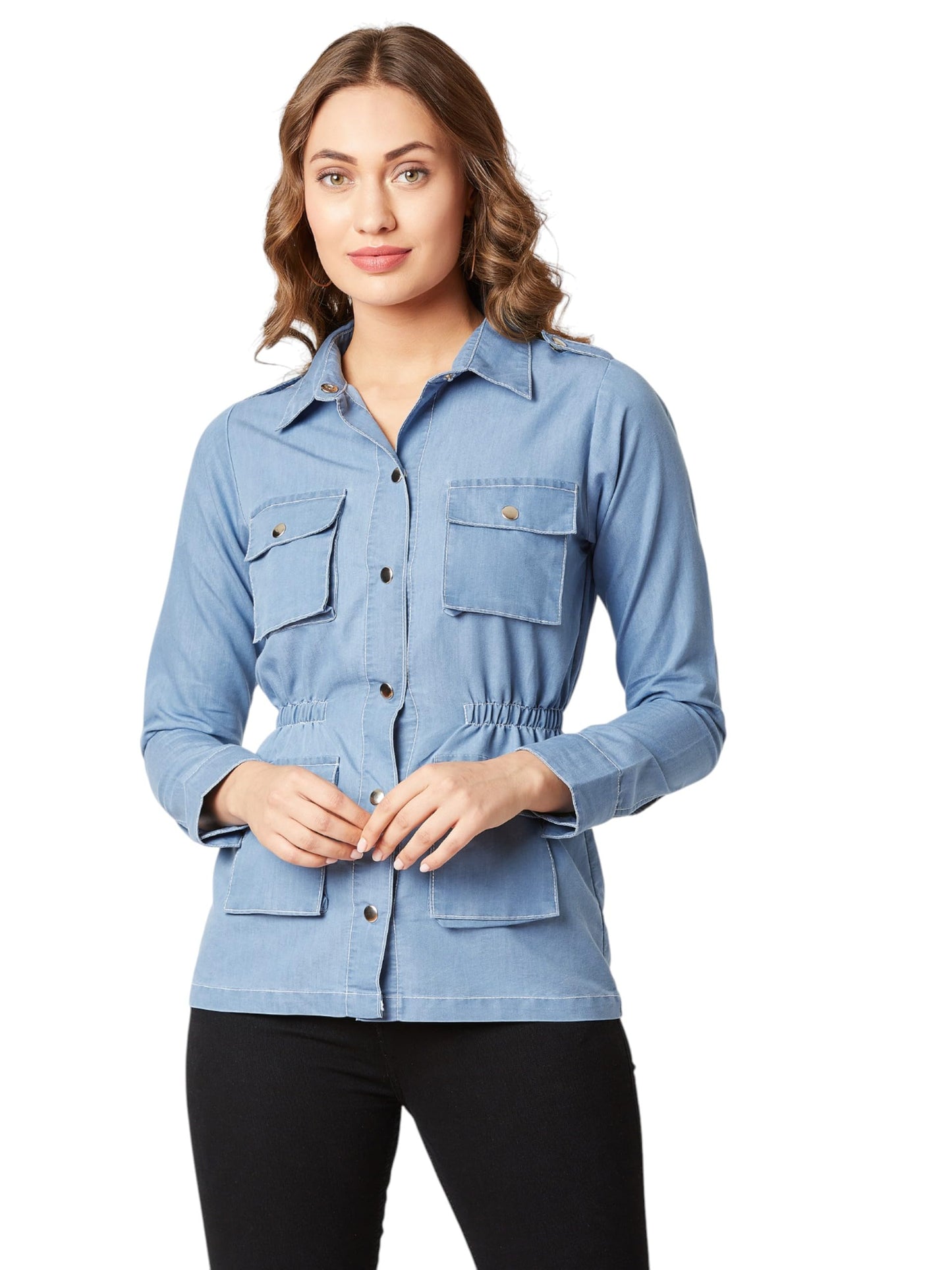 Miss Chase Womens Polo Neck Full Sleeves Denim Regular Length Jacket (MCSS25DEN68-60-511-05, Misty Blue, L)
