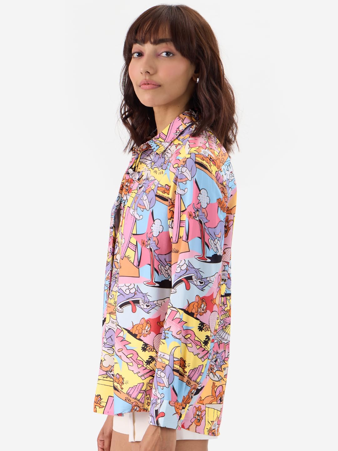 The Souled Store Official Tom & Jerry: High Energy Women and Girls Long Sleeve Button Front Collared Neck All Over Print Regular
