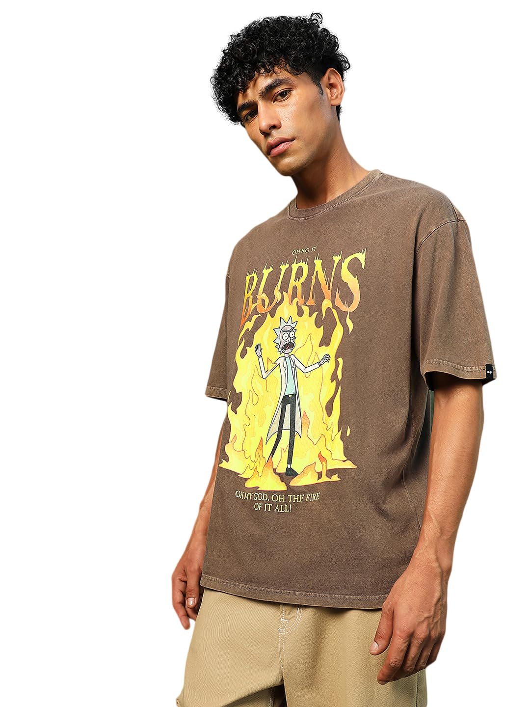 Bewakoof X Official Rick and Morty Merchandise Mens Burns Rick Graphic Printed 100% Cotton T-Shirt - Oversized Fit, Round Neck,