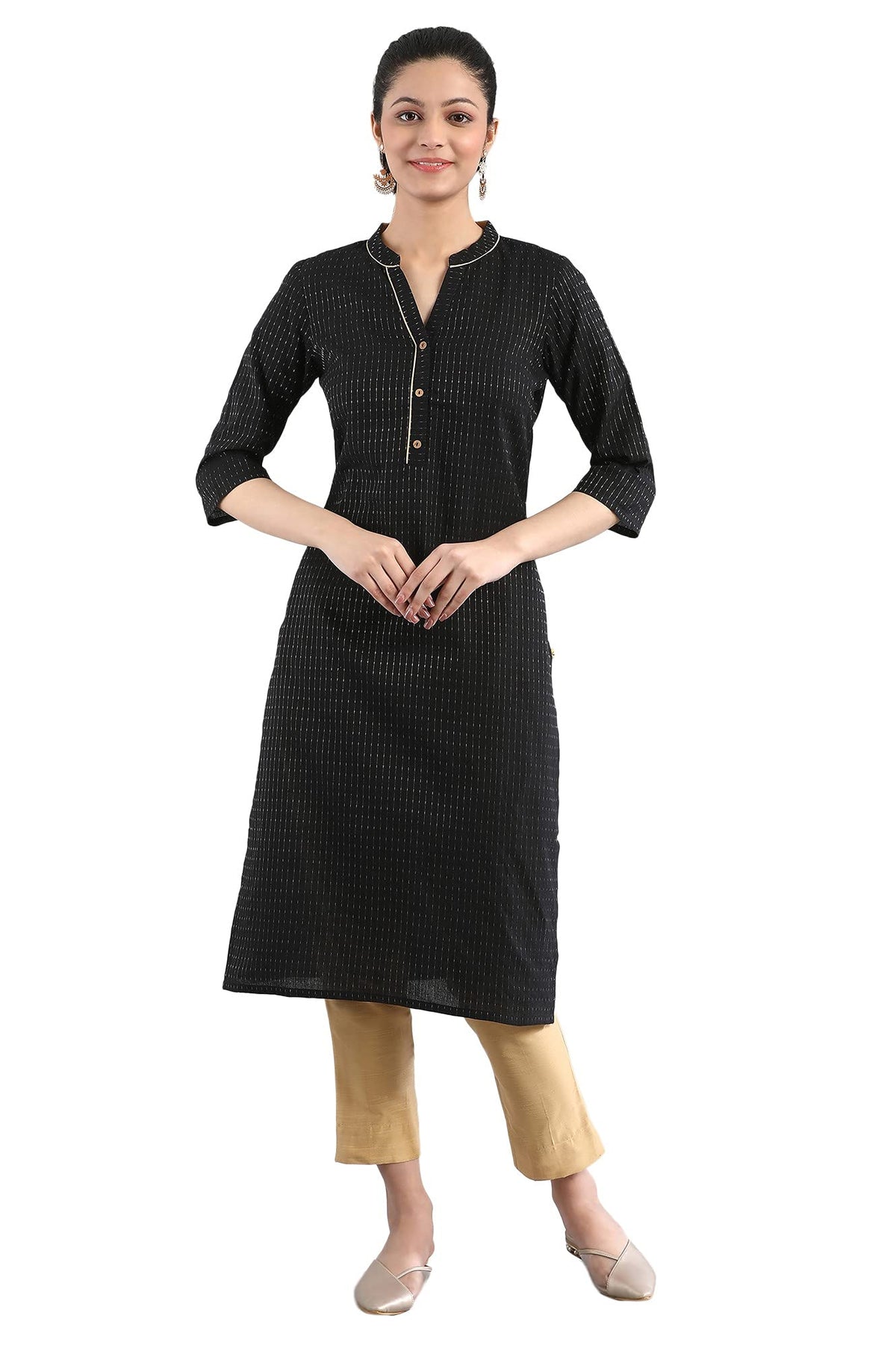 Aurelia Womens Cotton Dobby Band Collar Straight Kurta
