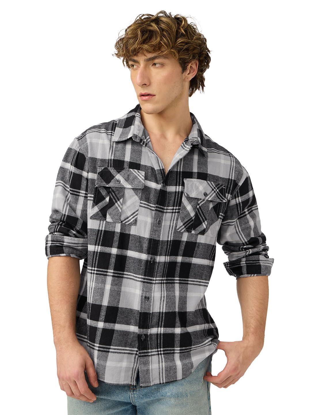 The Souled Store Plaid Shirt: Charcoal Men and Boys Long Sleeves Collared Neck Button Front Regular Fit Cotton Relaxed Shirts