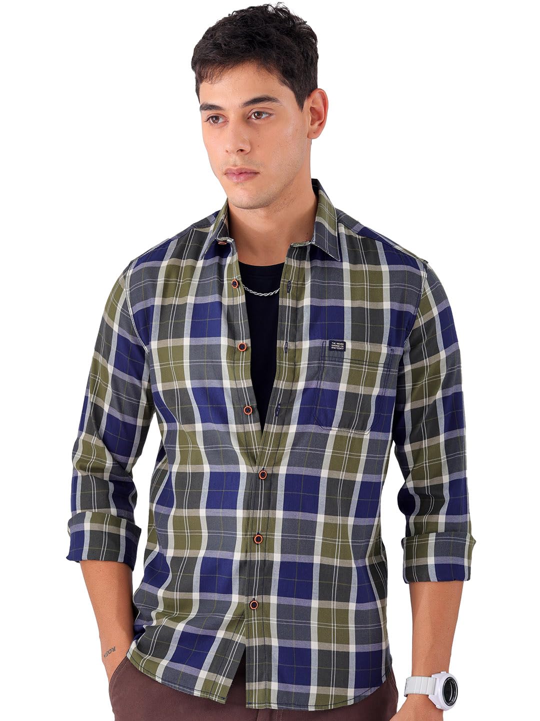 The Indian Garage Co Men Navy & Red Checkered Slim Fit Cotton Casual Shirt