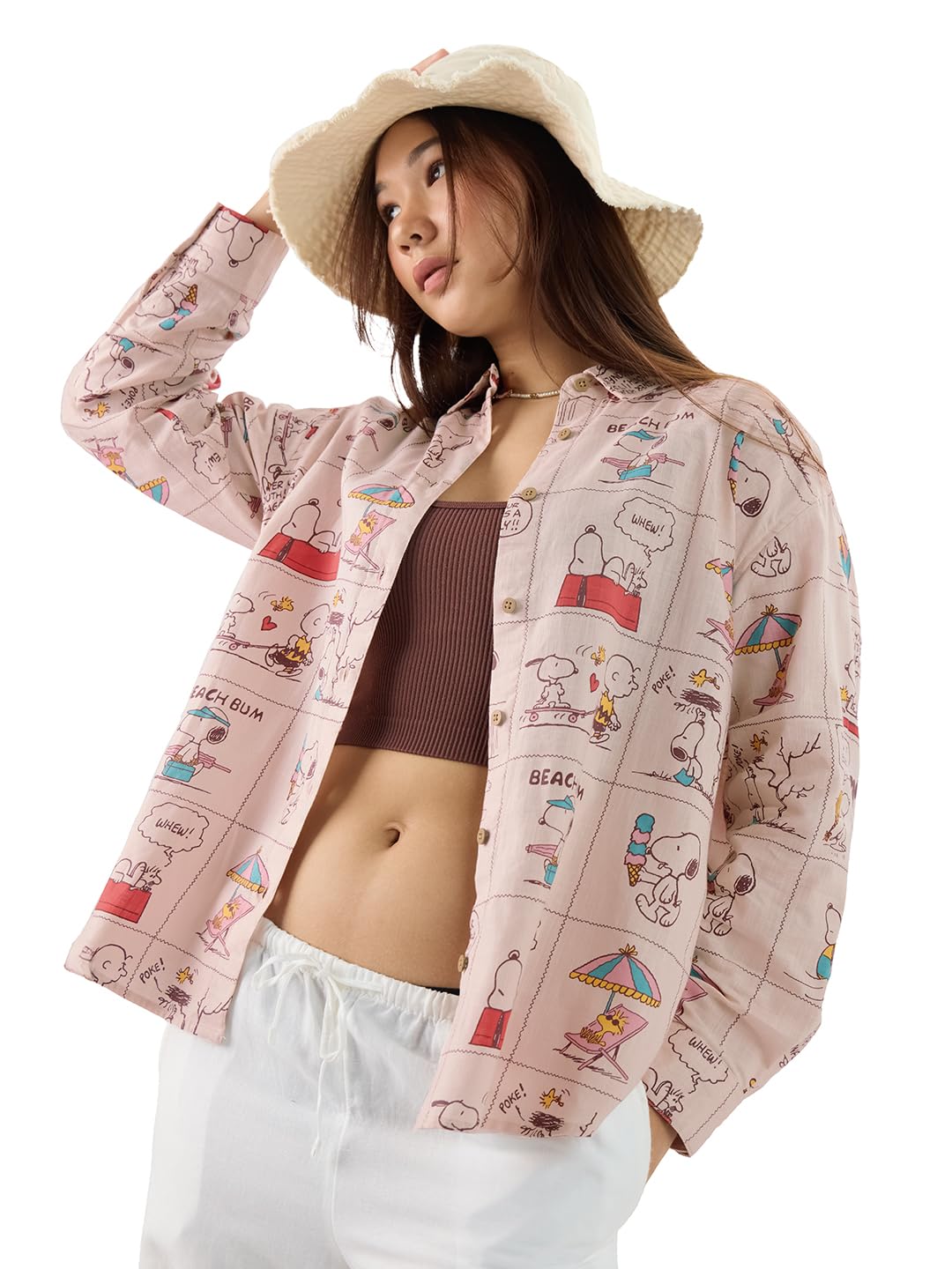 The Souled Store Official Peanuts: Beach Bum Women and Girls Long Sleeve Collared Neck Pink All Over Printed Cotton Boyfriend Sh