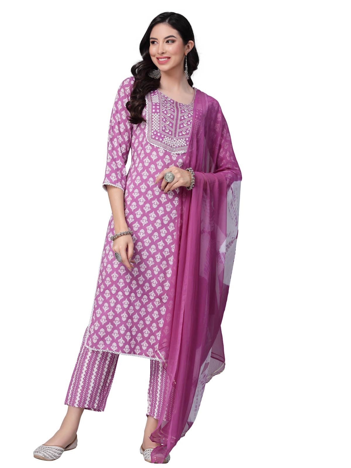Stylum Women's Floral Printed Rayon Straight Kurta Pant with Dupatta Set