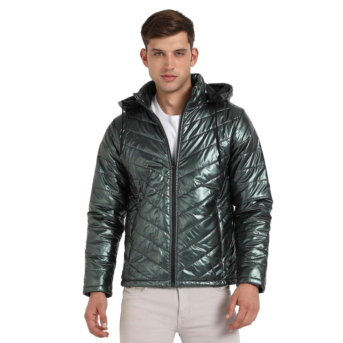 Campus Sutra Mens Forest Green Zip-Front Quilted Puffer Jacket For Casual Wear | Hooded Neck | Long Sleeve | Zipper Closure | P