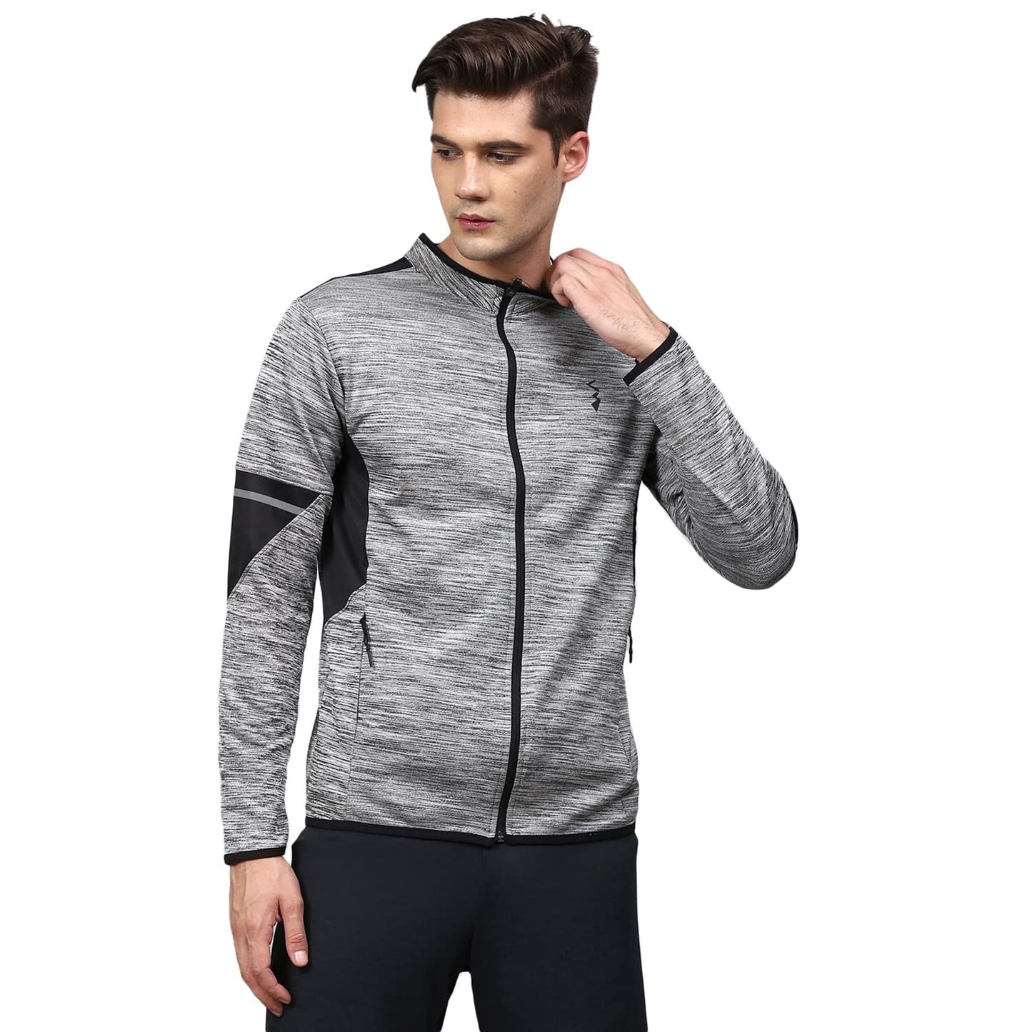Campus Sutra Mens Grey Heathered Activewear Jacket With Contrast Detail For Casual Wear | Hooded Neck | Long Sleeve | Zipper Cl