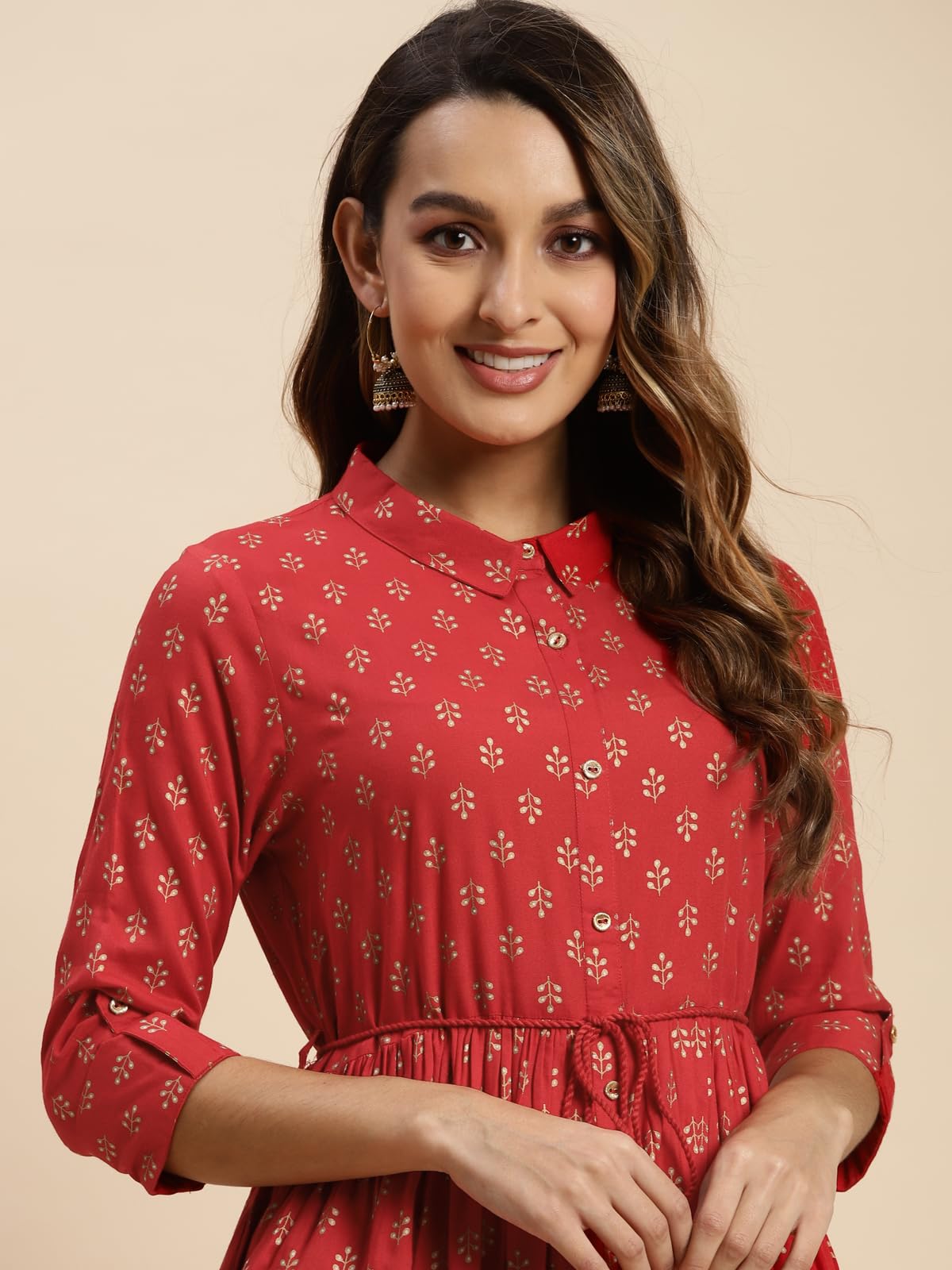 rangita Red Rayon Calf Length Printed Flared Kurti for Women | Kurta for Women