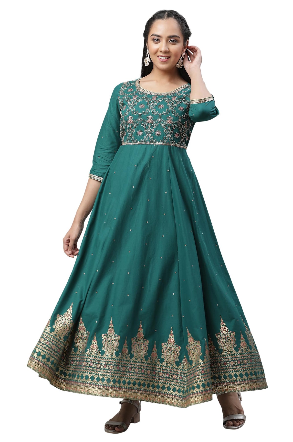 Aurelia Green Ethnic Motif Cotton Anarkali Kurta With Zari