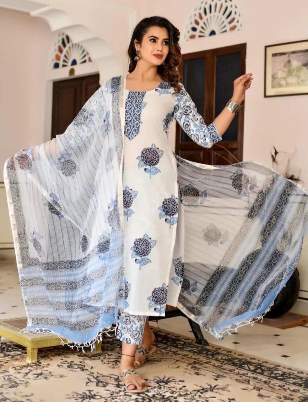 Yashika Women's Trendy Cotton Blend Straight Kurta Pant Dupatta Set with Elegant Prints - Versatile Ethnic Ensemble for Casual & Festive Occasions