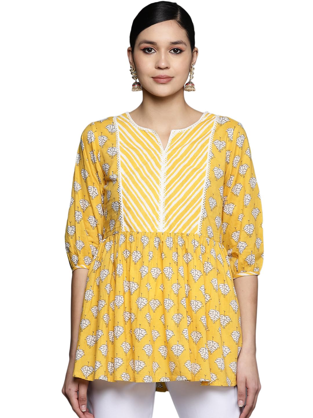 Libas Womens Pure Cotton Printed A-Line Kurtis (26142_Yellow