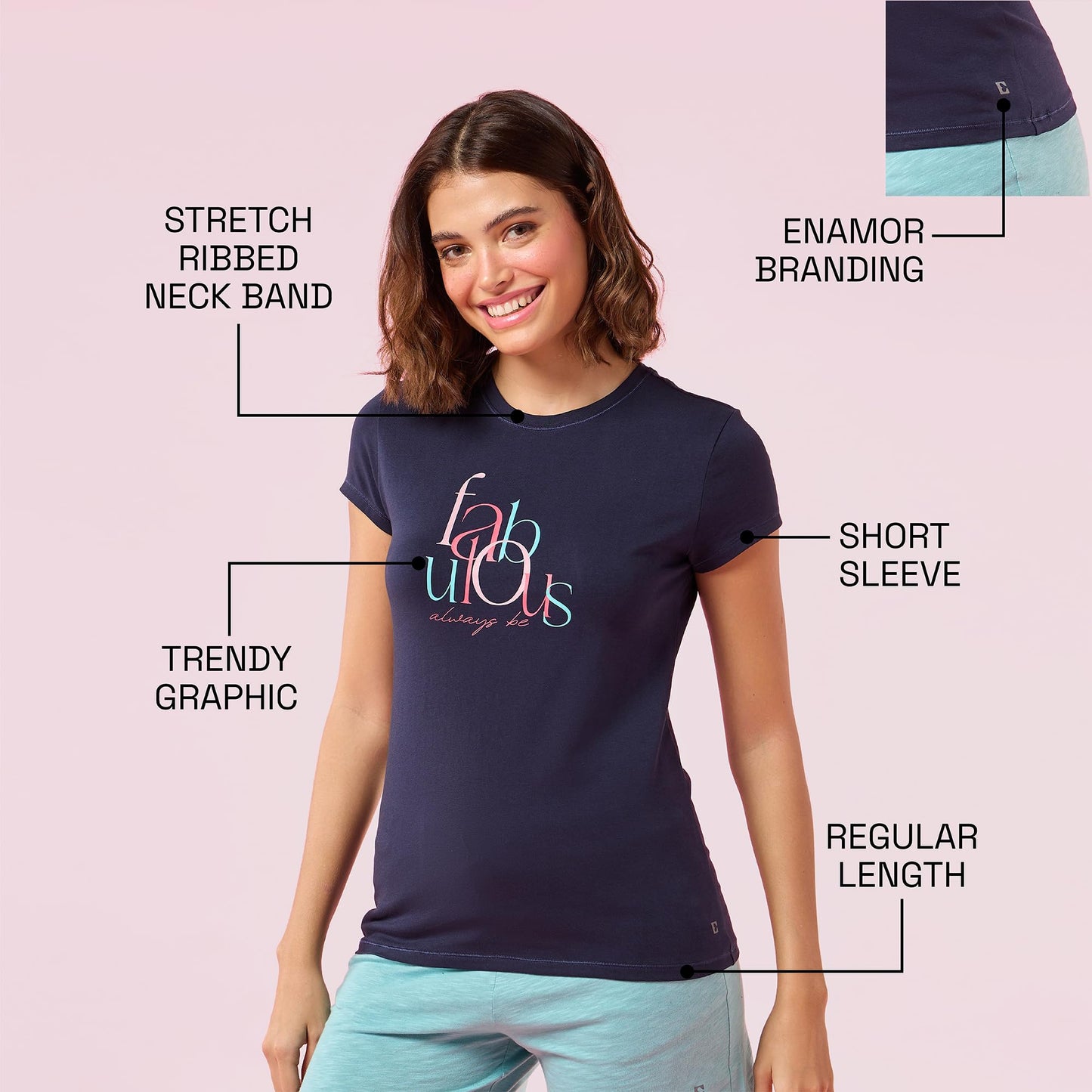 Enamor Womens Graphic Slim Fit T-Shirt (E147_Navy Fabulous
