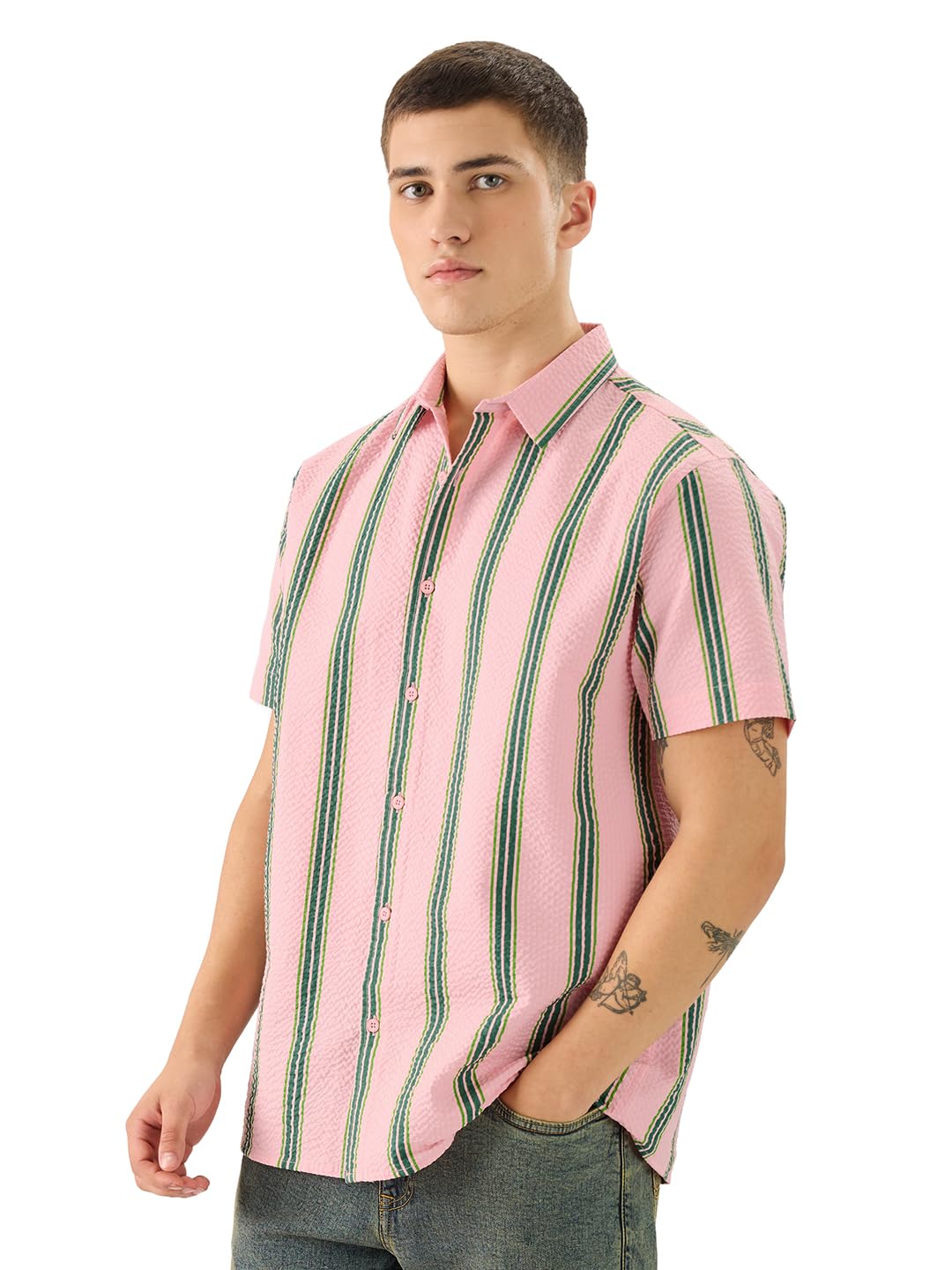 The Souled Store Azalea Men and Boys Short Sleeve Collared Neck Button Front Pink Striped Regular Fit Cotton Summer Shirts