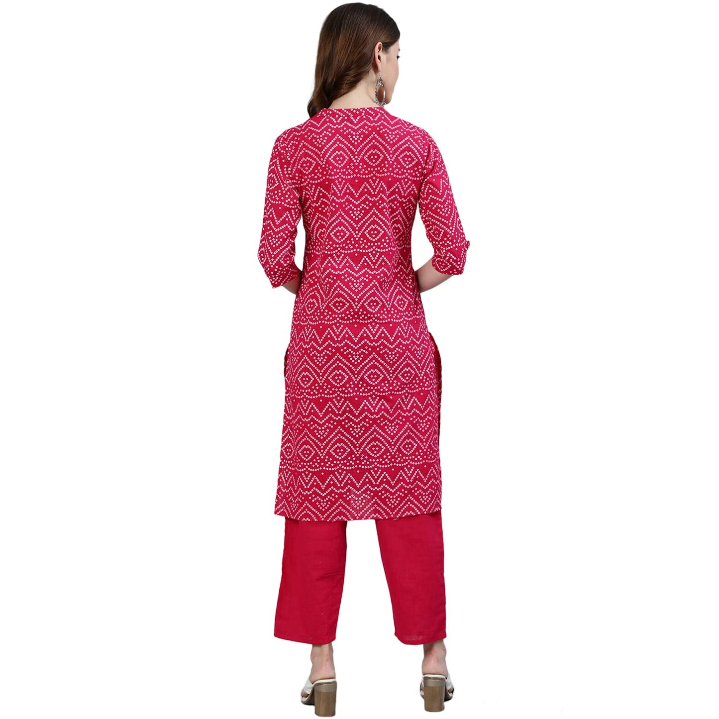 ishin Women's Pure Cotton Pink Printed Straight Kurta suit set with Pant