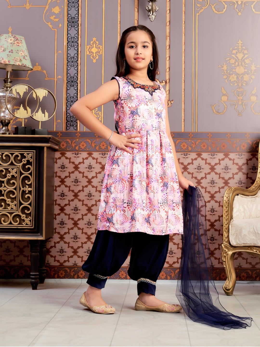 Aarika Girls Ethnic Wear Navy Blue-White Colour Beads Hand Embroidery Cotton Blend Kurti Patiala Set With Dupatta-3-9 Years (Pt-