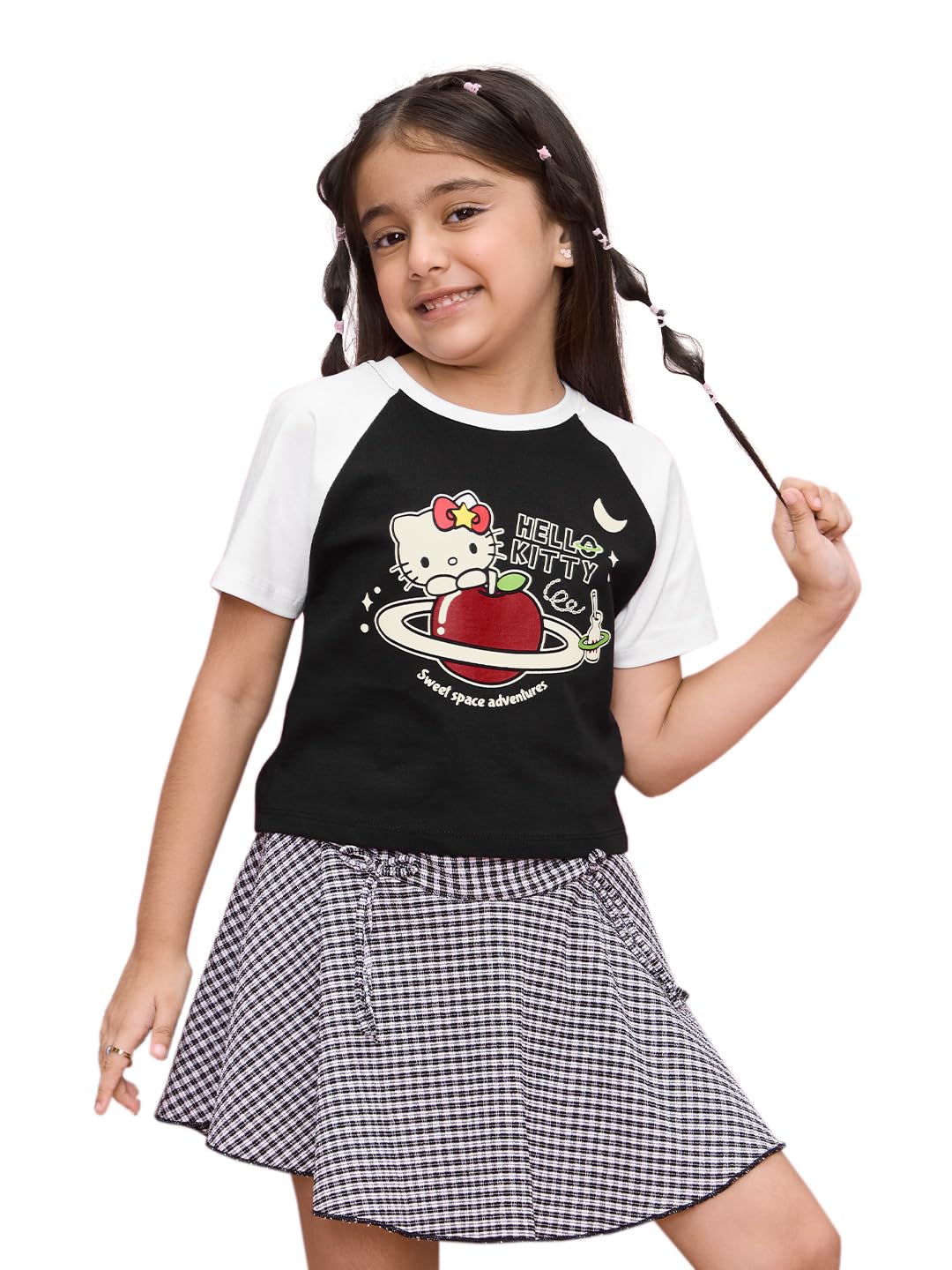 The Souled Store Hello Kitty: Sweet Space Girls Round Neck Short Sleeves Black and White Graphic Printed Cotton T-Shirts (2-8 Yr