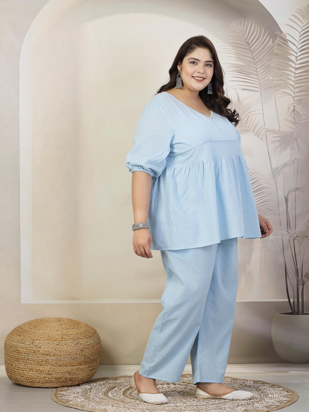 Stylum Womens Plus Size Self Woven Kantha Cotton Kurti Pant Set