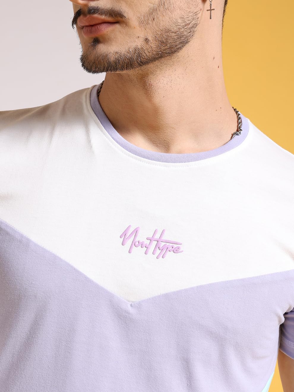 The Indian Garage Co Men Drop Shoulder Loose fit Colourblocked Round Neck Tshirt White