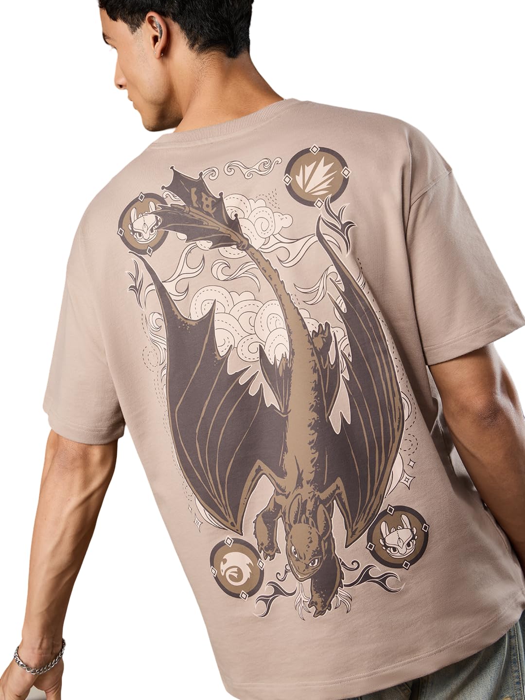 The Souled Store HTTYD: Lets Fly Men and Boys Short Sleeves Round Neck Beige Graphic Printed Cotton Breathable Lightweight All-