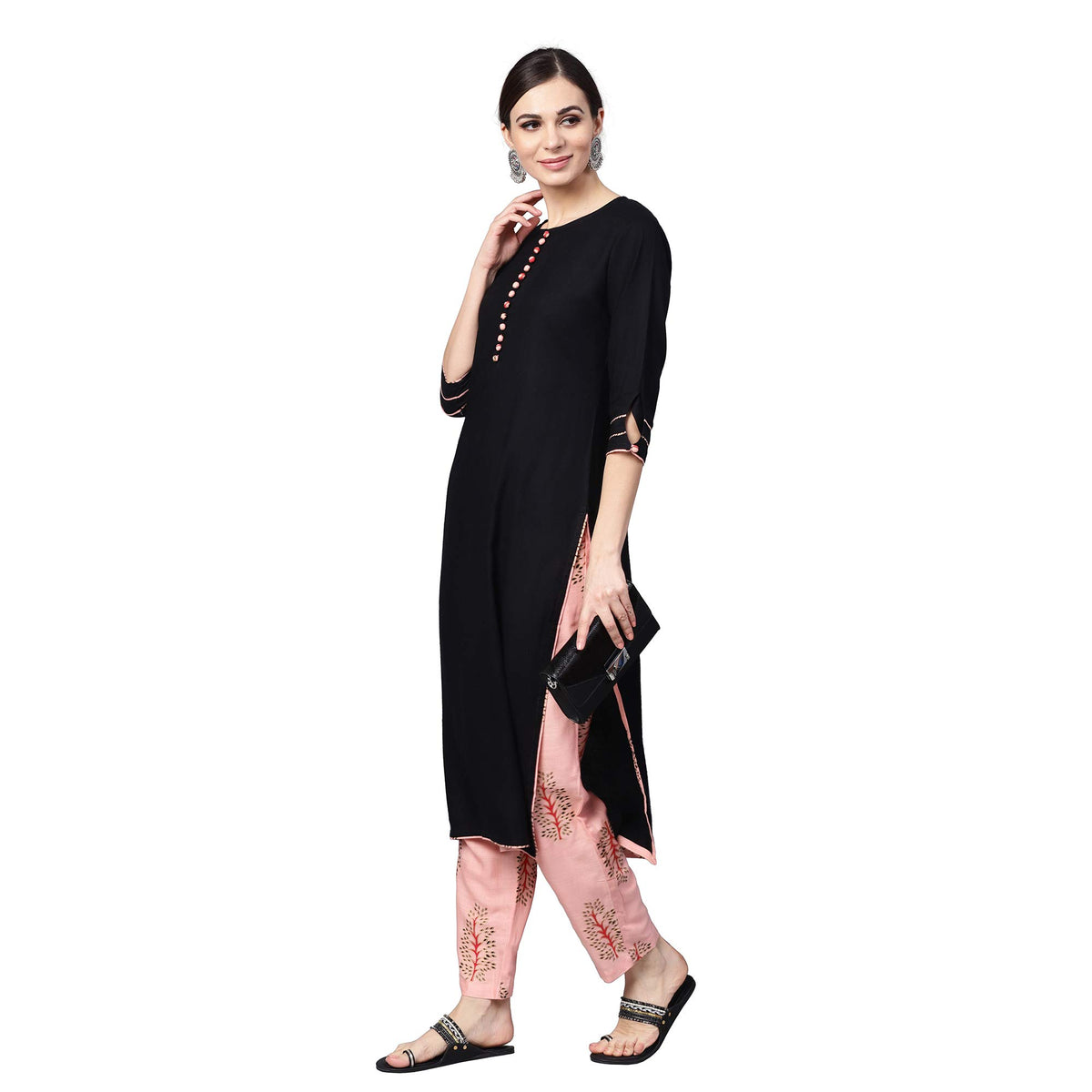 Idalia Black Rayon Kurta With Pink Printed Pants