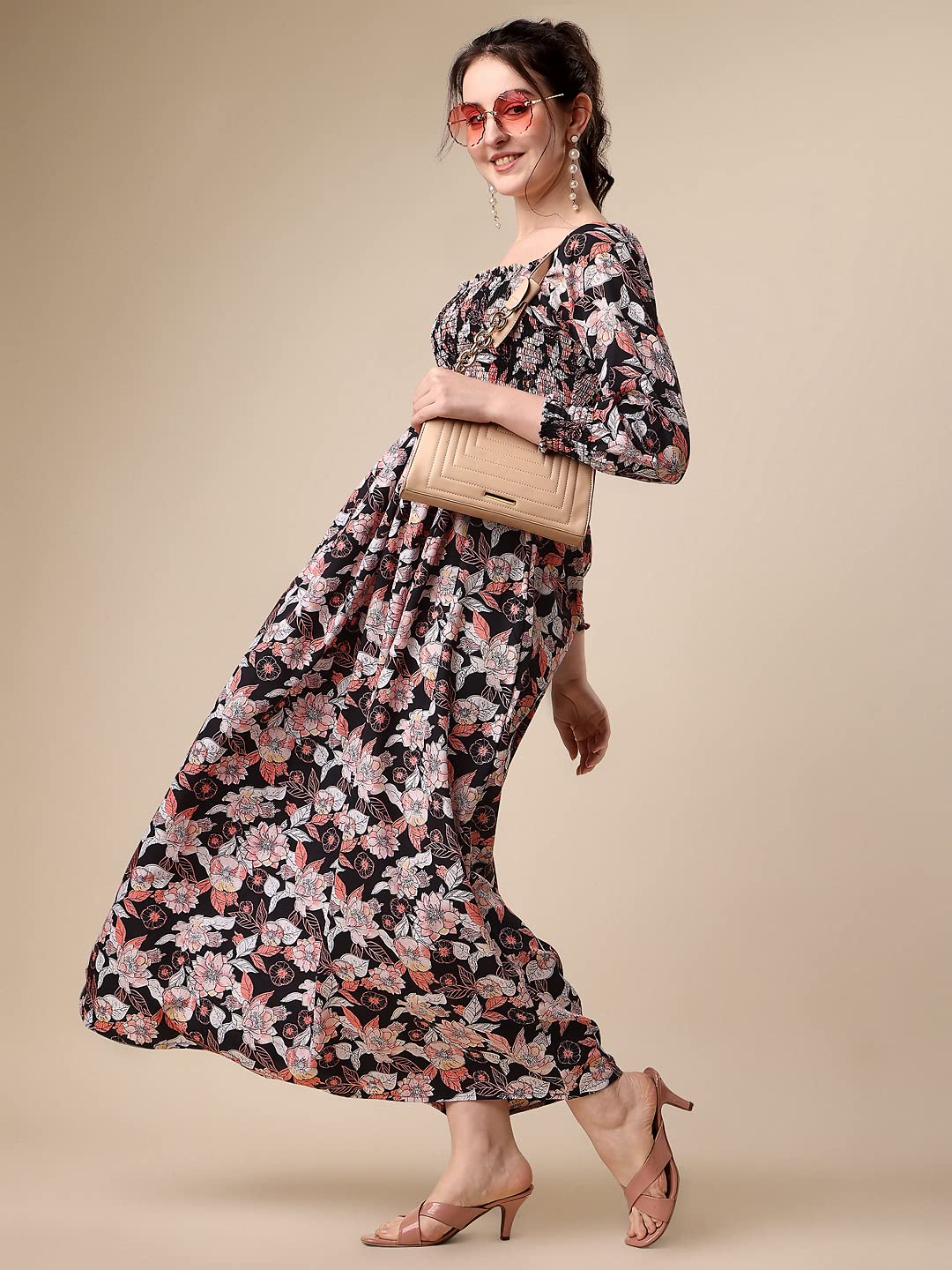 Sheetal Associates WomenS Floral Printed Crepe Full Length Dress Black