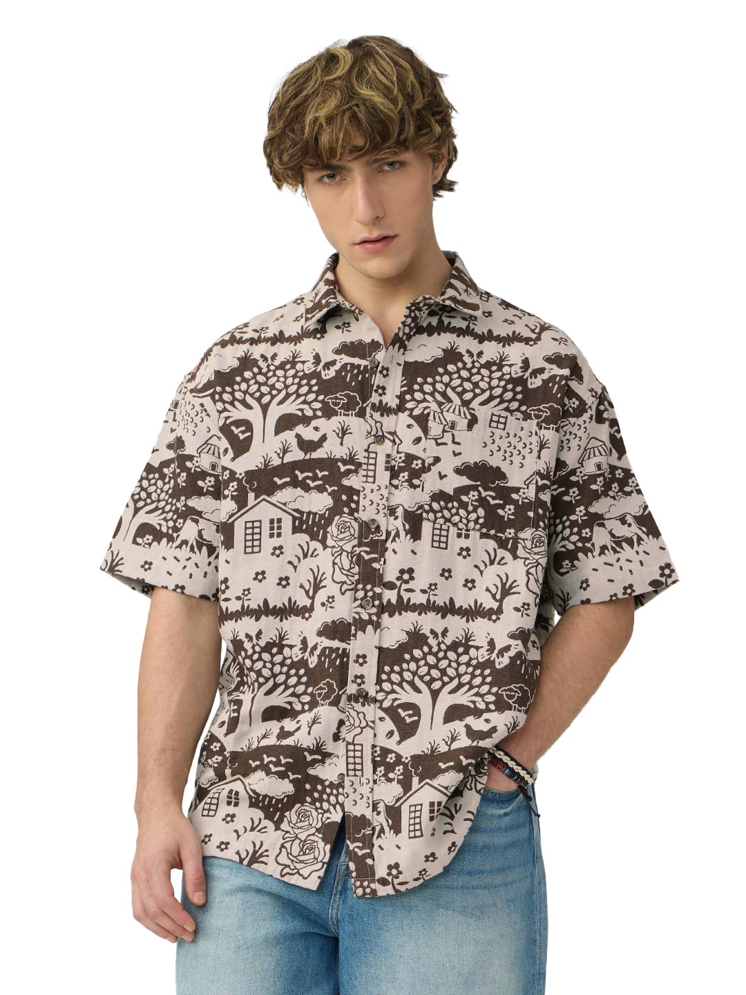 The Souled Store Farms Men and Boys Short Sleeves Collared Neck Button Front Cotton Blend Oversized Shirts