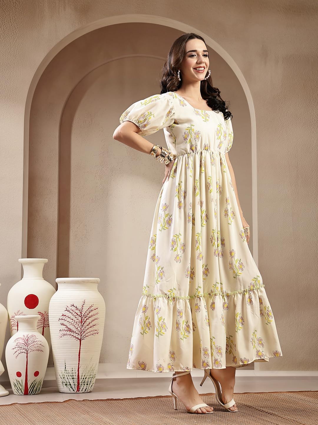 Stylum Womens Floral Printed Rayon Tiered Dress Green