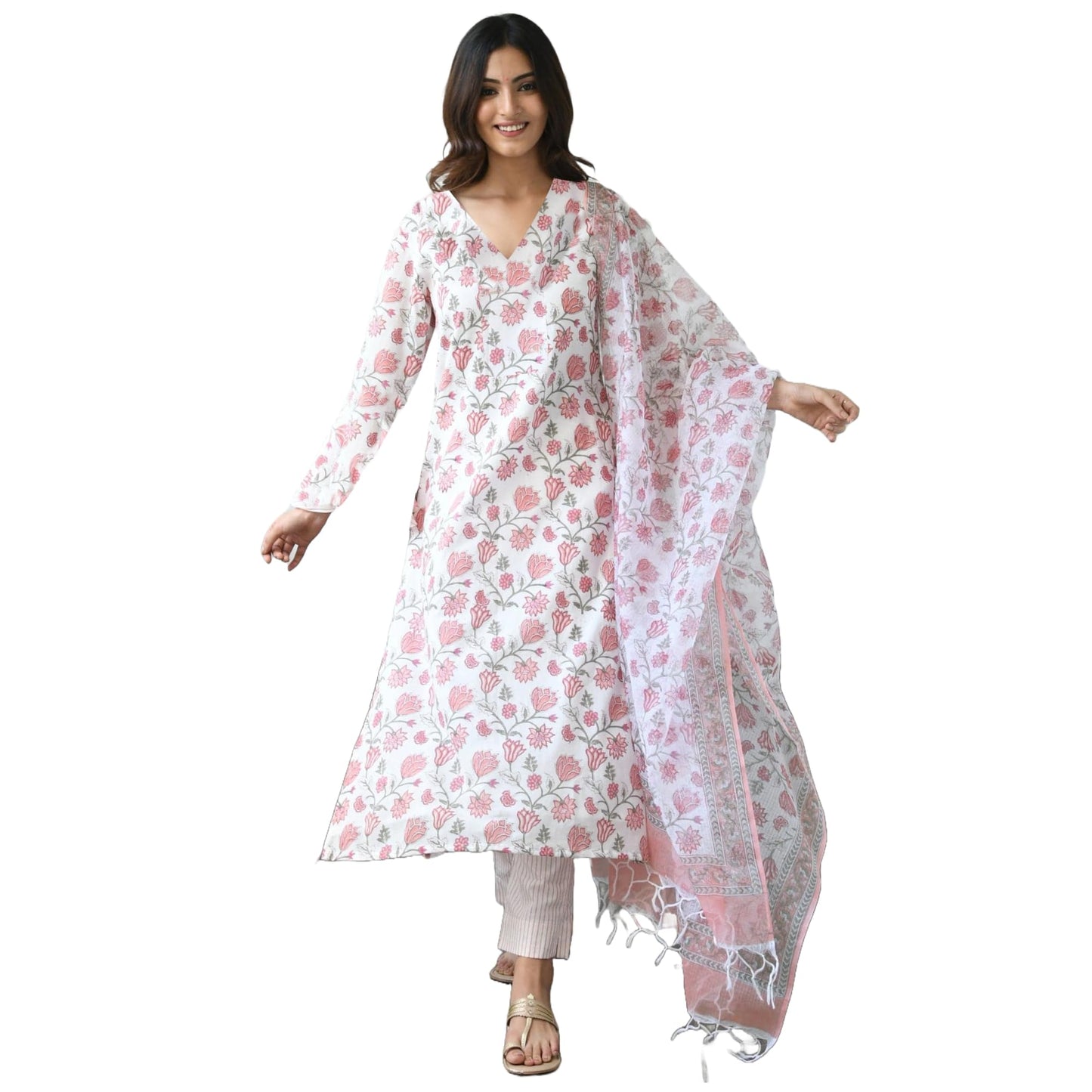 ANNI DESIGNER Womens Cotton Blend Straight Fit Printed Kurta with Pant & Dupatta (Mogri White_XL_White_X-Large)