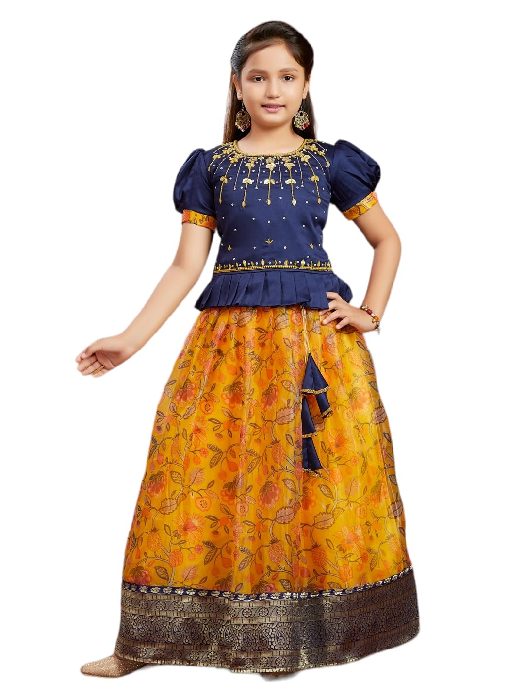 Aarika Girls Ethnic Wear Navy Blue Colour Beads Hand Embroidery Silk Lehenga Choli Set (4-10 Years)