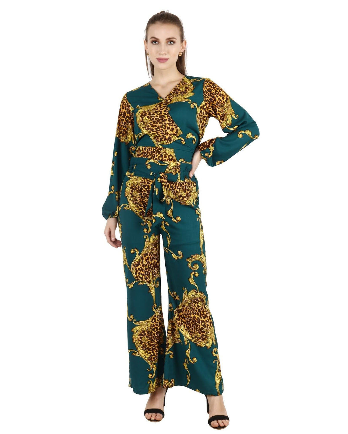 Popwings Women Casual Animal Green Printed Top and Trouser Co-Ords Set | Top and Bottom Set For Women