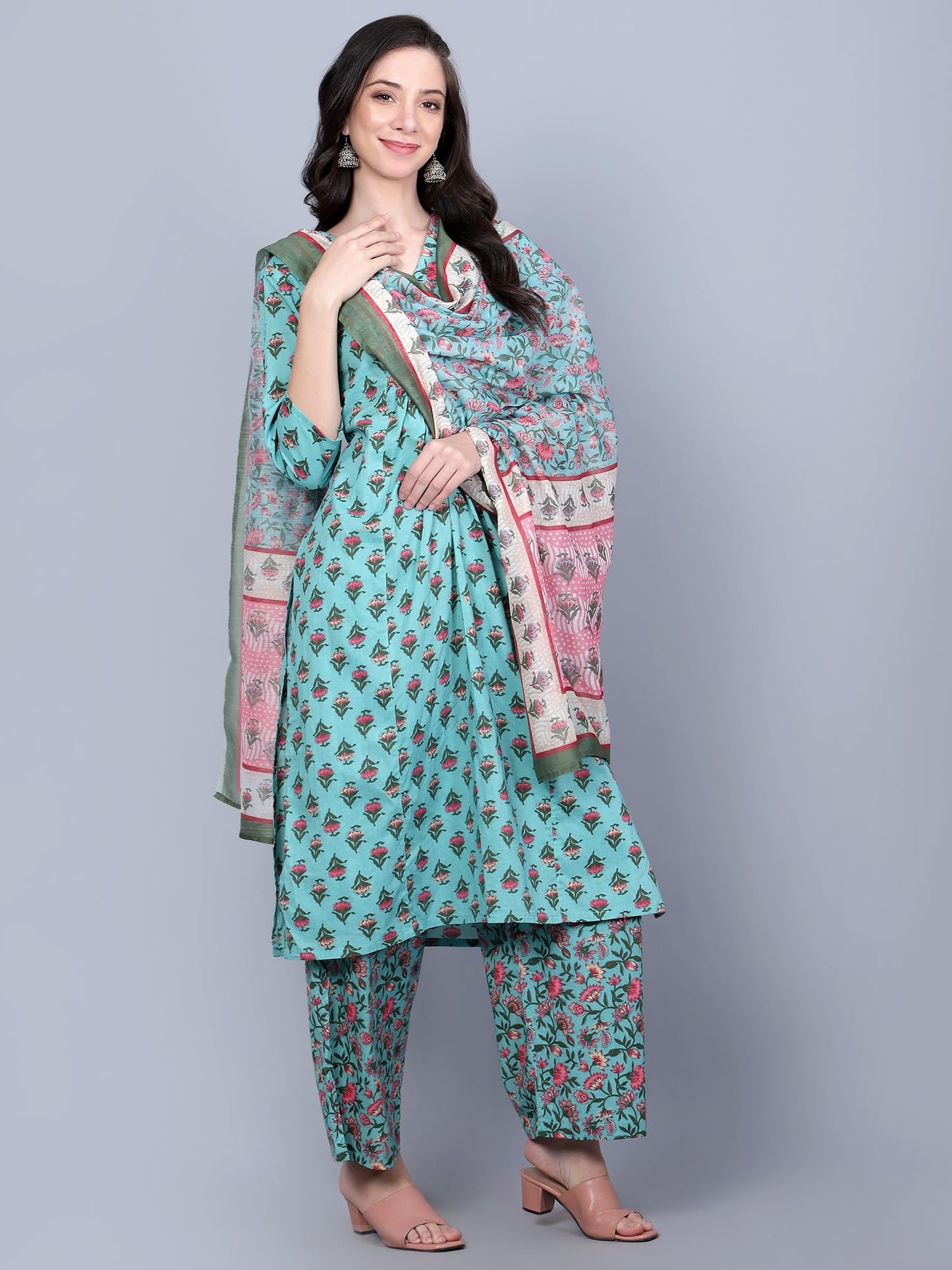 idaLia Teal Blue Printed Kurta Set with Dupatta