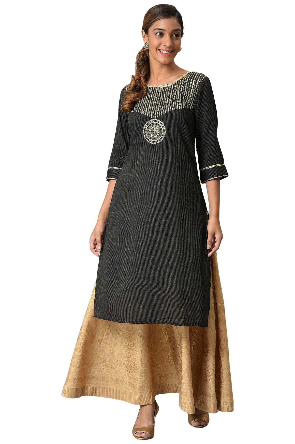 Aurelia Women Black Viscose Blend Geometric Yarn Dyed Straight Kurta
