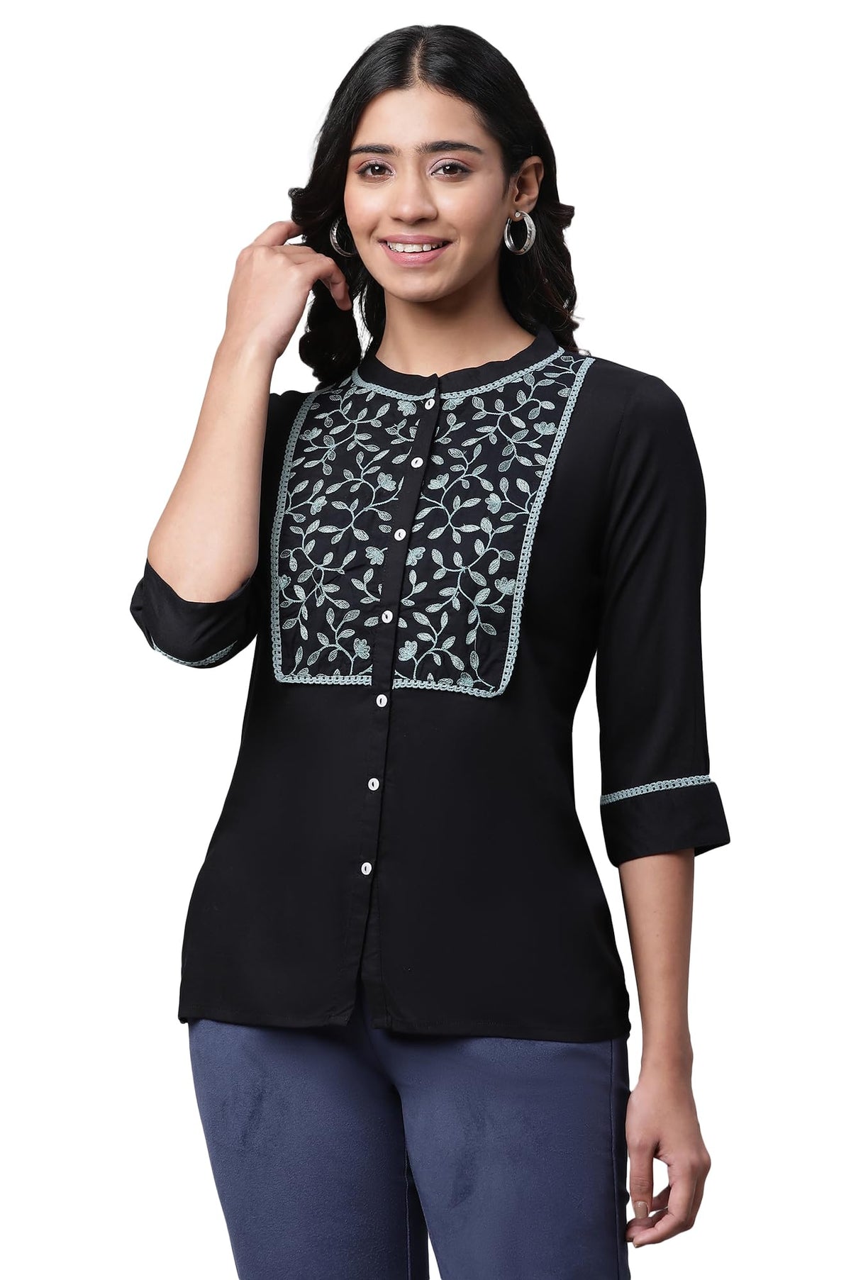 Aurelia Women Black Solid Viscose Straight Kurti