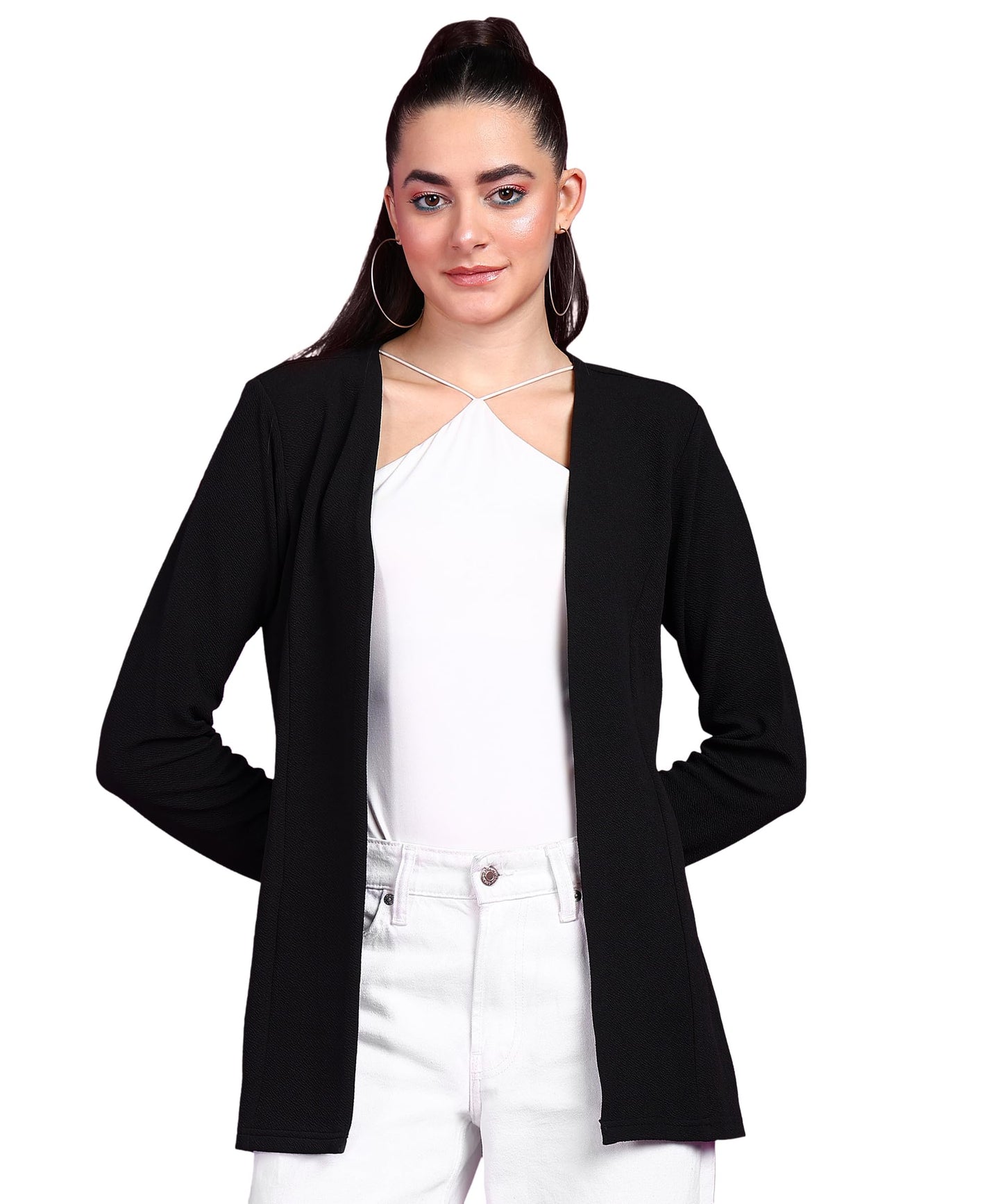 POPWINGS Women Casual Black Solid Open Long Shrug