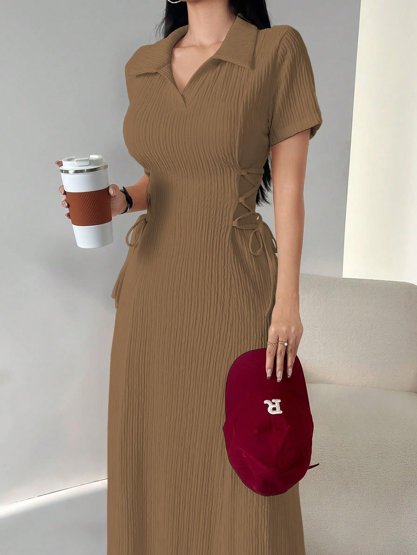Shasmi Womens Brown Solid Color Applique Lace-Up Collared Short Sleeve, Side-Tie Waist Long Casual Maxi Women Dress Outfit Long