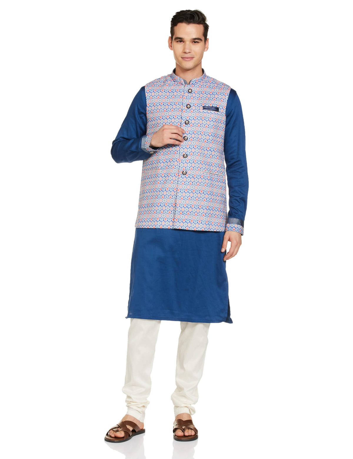 Manyavar Blue Cotton Printed Celebration Kurta Jacket Set With Mandarin Collar