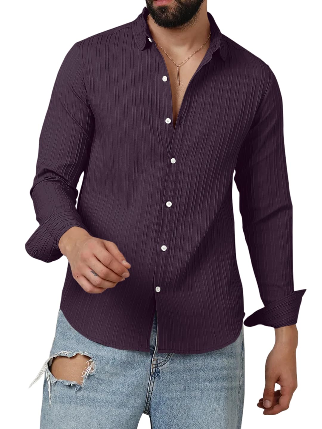 Finivo Fashion MenS Casual Cotton Plain Button Down Shirts Long Sleeve Textured Summer Beach Shirt For Men Purple