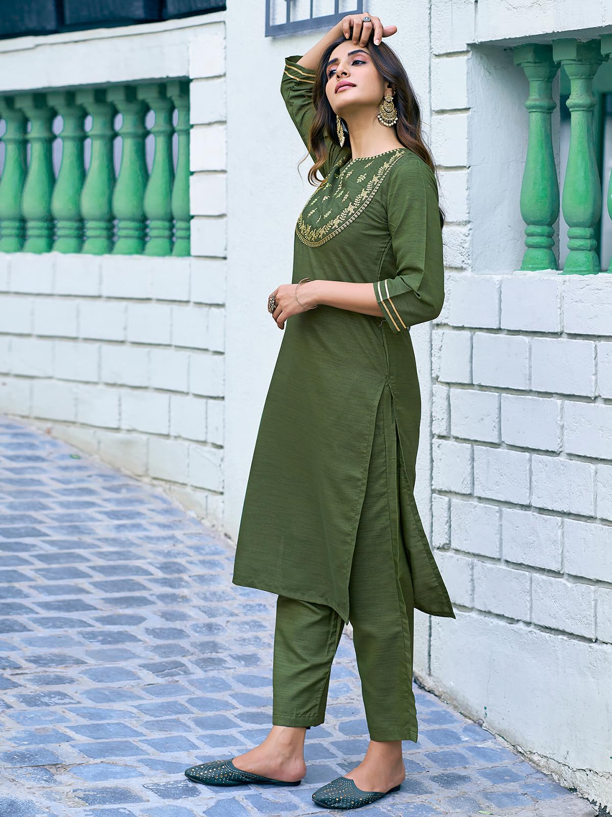 Sanisa Women's Art Silk Embroidery Kurta Set with Pant & Dupatta, Olive Green, 2XL, Model 138KBD1485NR-XXL