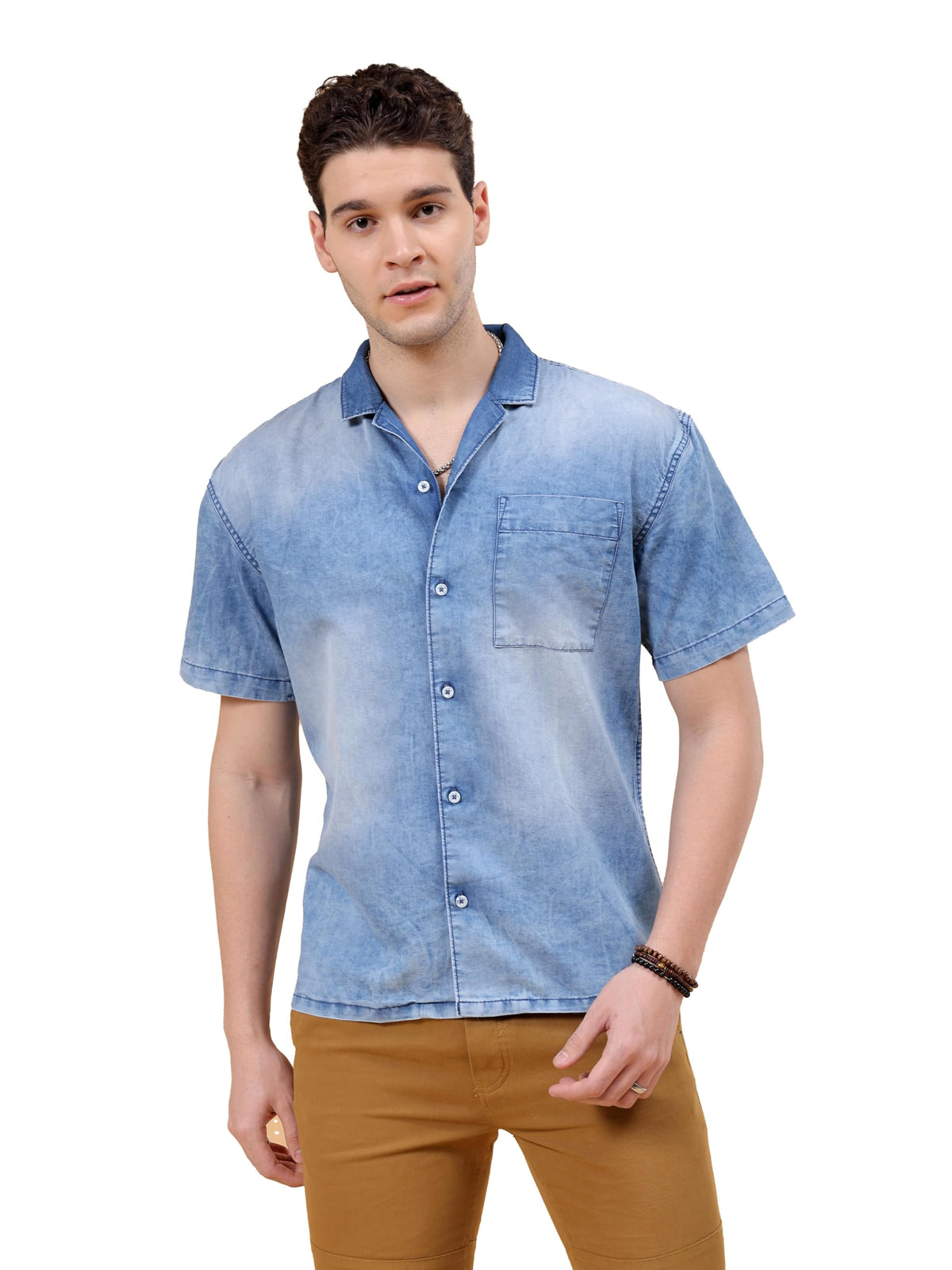 The Indian Garage Co Men Blue Relaxed Fit Solid Camp Collar Street Wear Shirt (Blue_M)