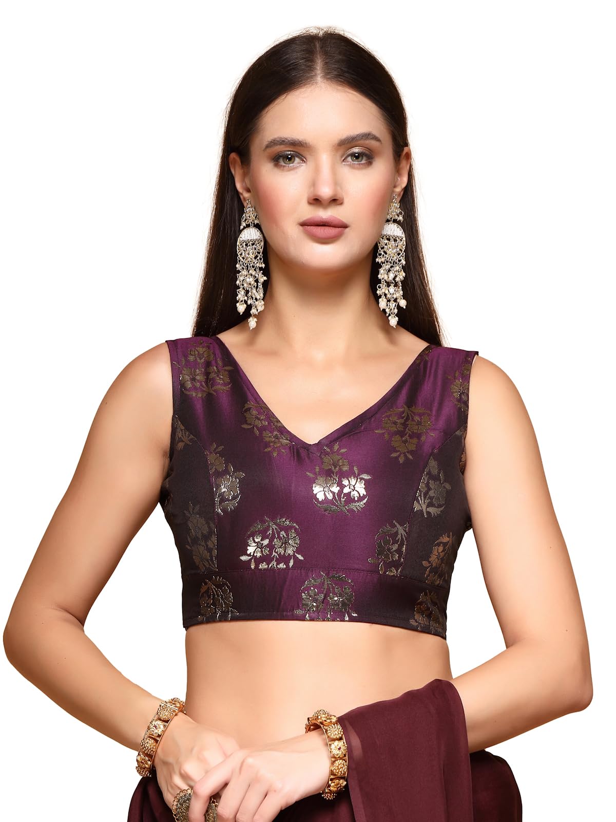 Oomph! Readymade Blouse For Women, Brocade, Sleeveless, V-Neck, Rbbl672