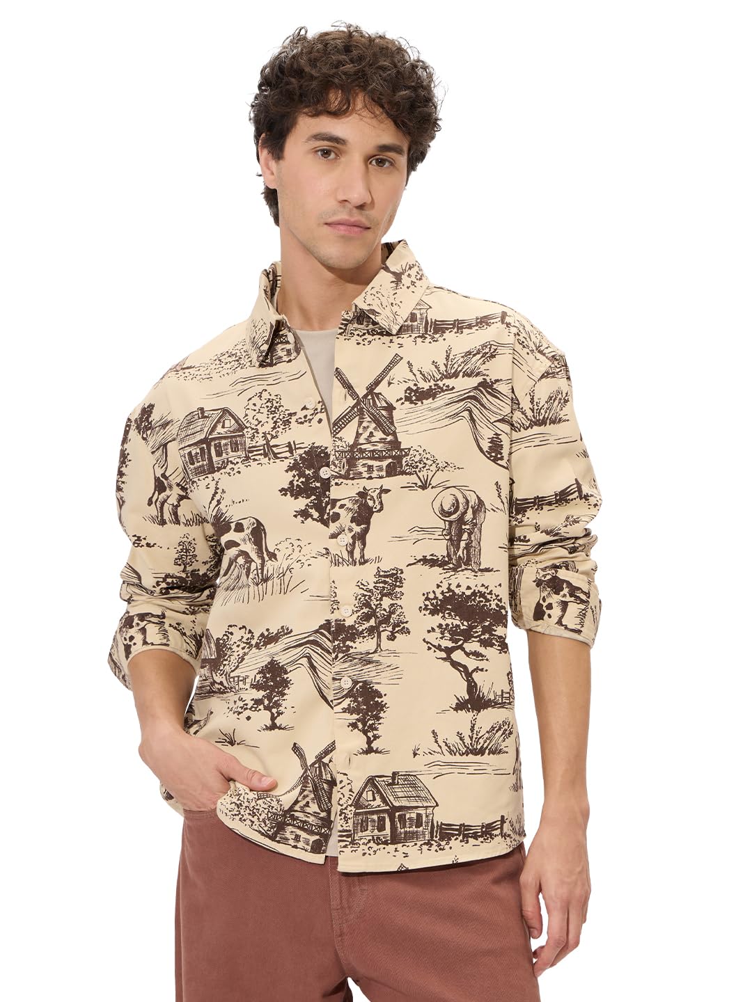 The Souled Store Rolling Hills Men and Boys Long Sleeves Collared Neck Button Front Beige and Brown All Over Printed Cotton Shac