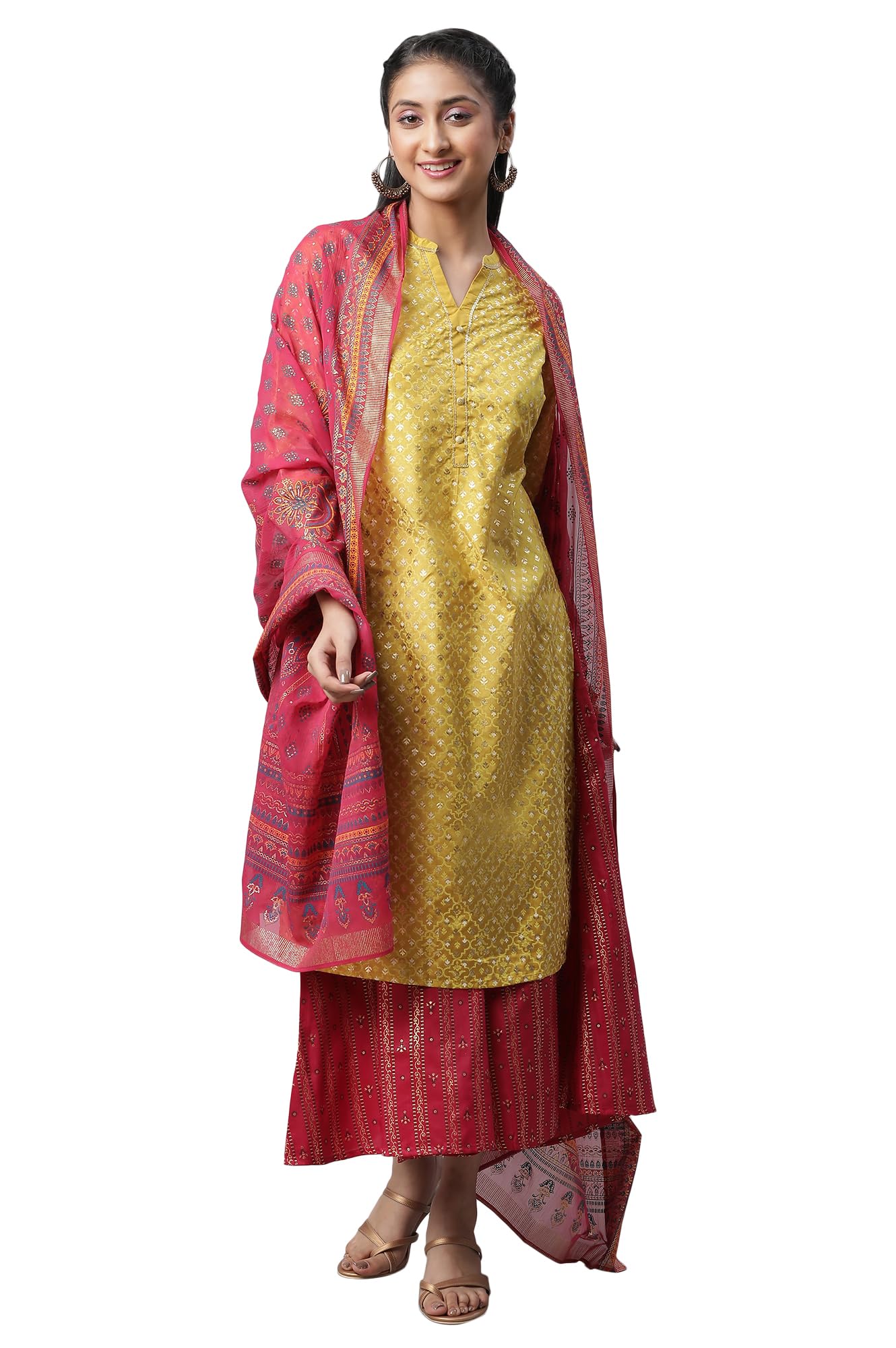 Aurelia Yellow Foil Printed Kurta, Culottes & Dupatta (Size: S)-23Feas14254-505254