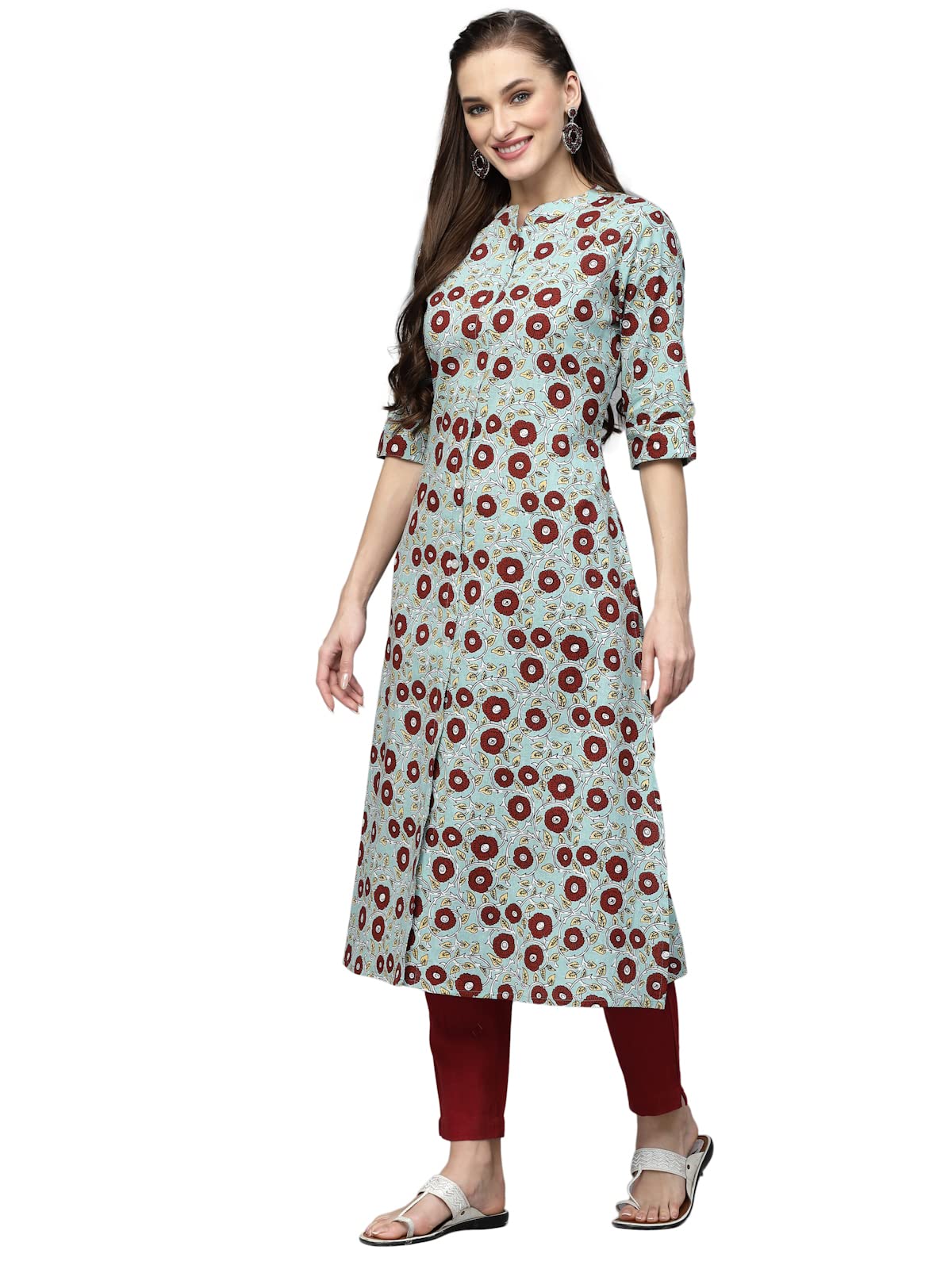 Stylum Women's Printed Cotton A-Line Kurta (Turquoise Blue)