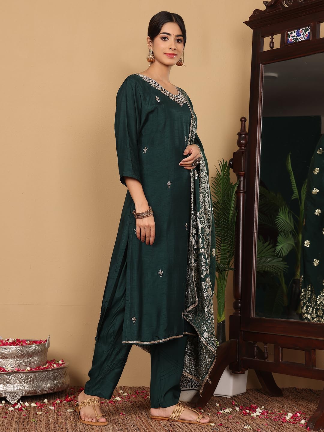 Varanga Women Pure Silk Round Neck Embroidered Kurta with Bottom and Dupatta