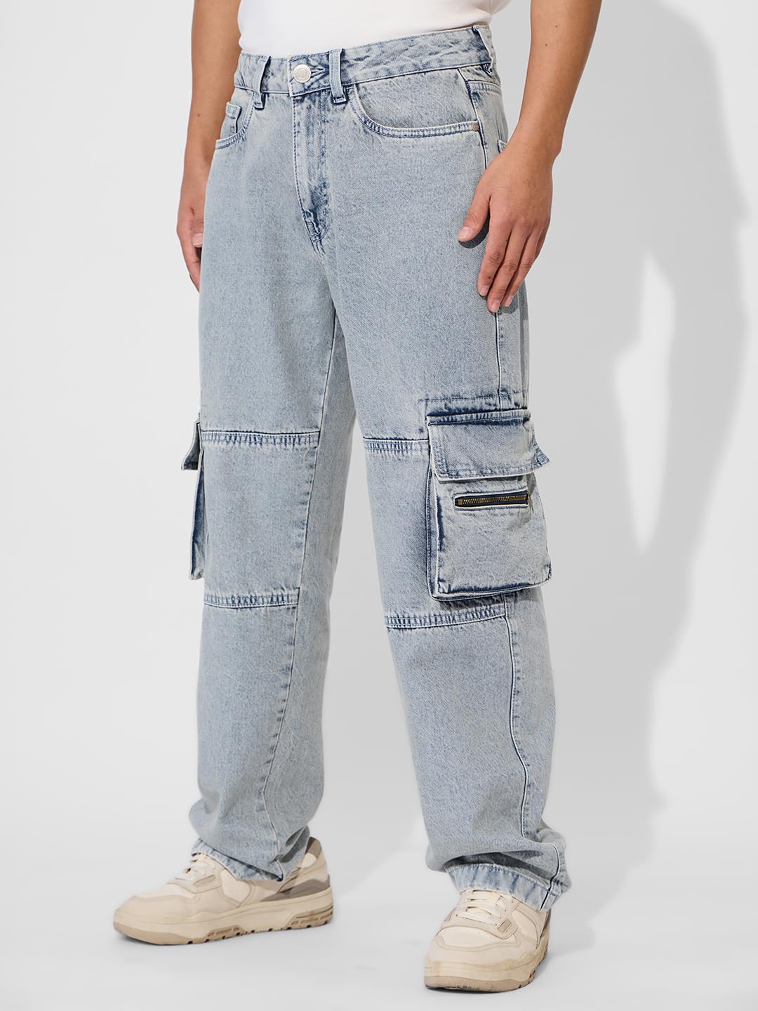 The Souled Store Denim: Washed Blue Men and Boys Buttoned Solid Cotton Blend Baggy Fit Jeans