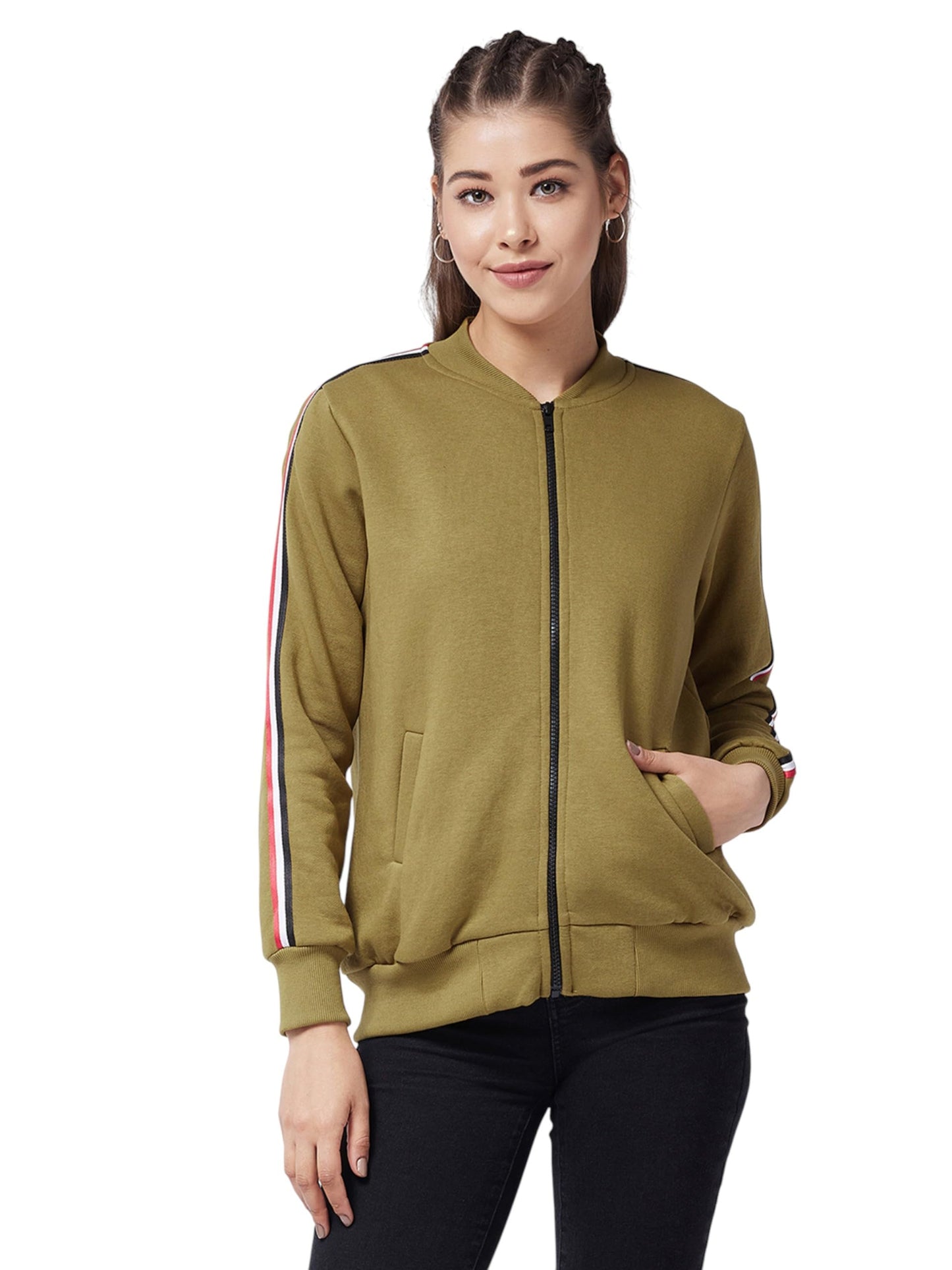Miss Chase Womens V-Neck Full Sleeve Bomber Regular Jacket (MCAW24JKT99-15-413-03, Pickle Olive, S)